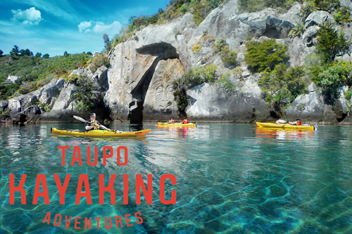 Kayaking to the maori carvings on Lake Taupo